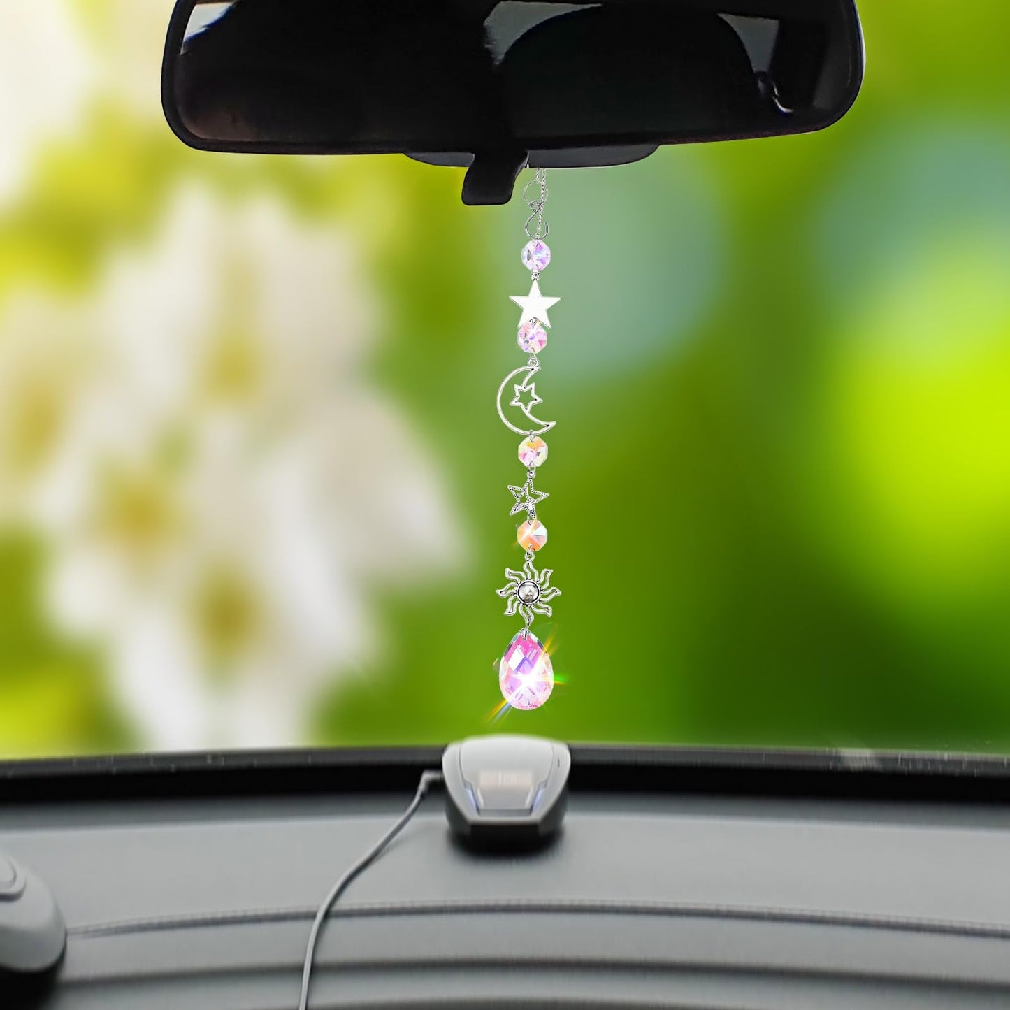 AOZUO Moon and Star Rear View Mirror Charm, Crystal Boho Car Hanging Decor Cute Suncatcher Healing Car Ornaments for Women Men