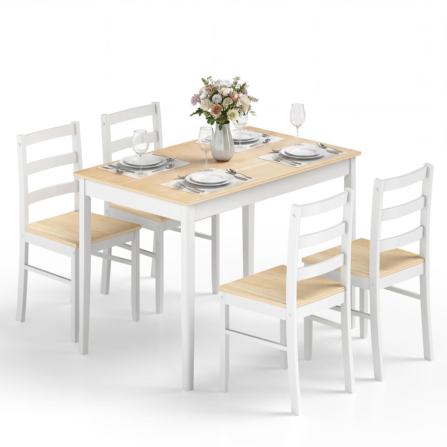 Giantex 5-Piece Dining Table Set for 4, 45" Rectangular Kitchen Table and Chairs Set with Solid Rubber Wood Legs, Space Saving Dinette Set for Small Space, Breakfast Nook, Restaurant (Beige)