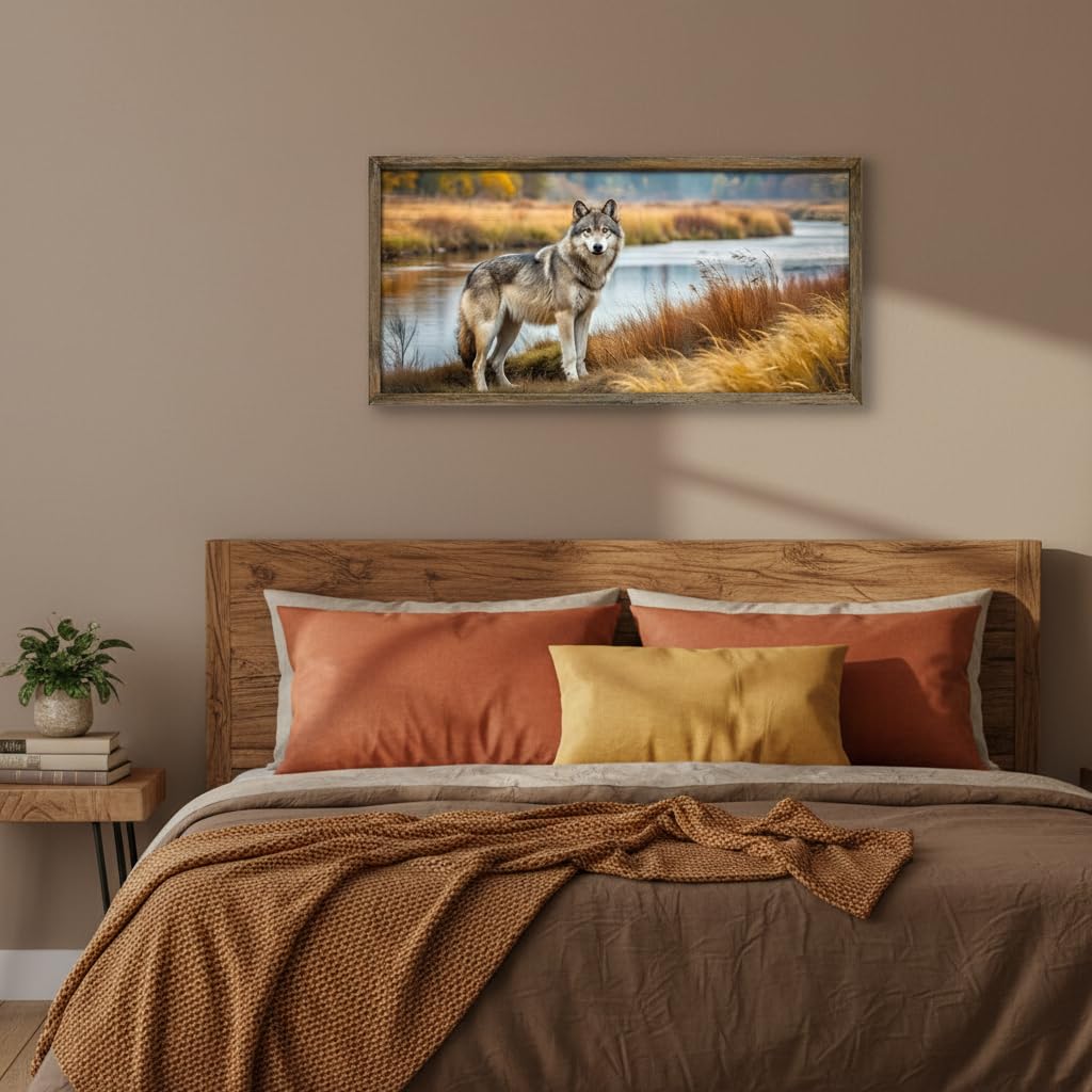 Wolf Wall Art Framed Decor: Rustic Cabin Wood Print Picture Wildlife Nature Painting Wild Animal Landscape Artwork for Bedroom Living Room Office 40 x 20 Inch