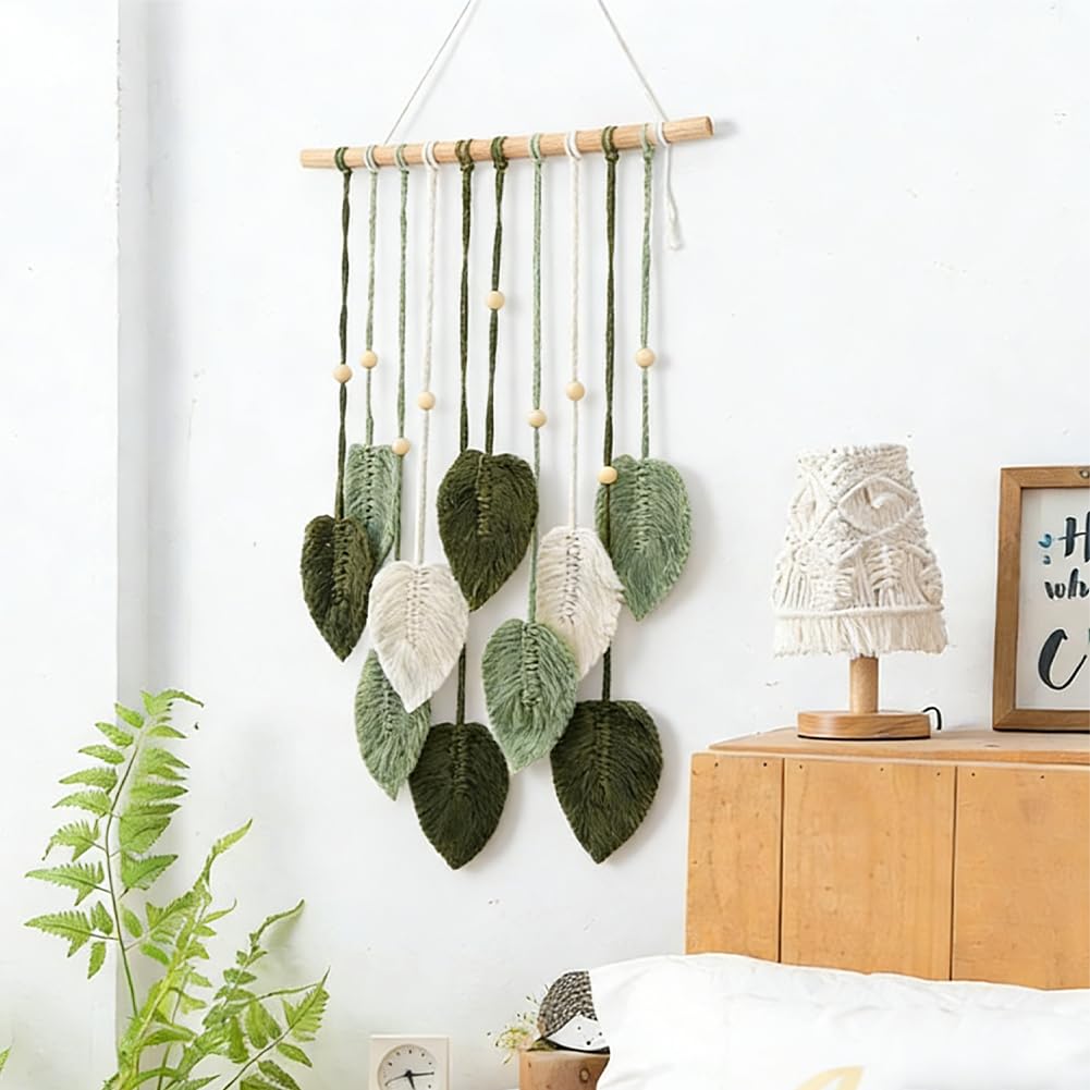 LORGVEXN Macrame Wall Hanging Leaves Tapestry, Handmade Woven Tapestry, Chic Yarn Tassels Leaf Wall Art Decor for Bedroom Living Room Office Apartment (green)