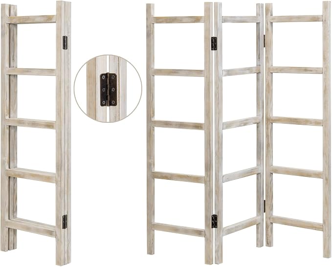 Blanket Ladder,59" H Wood Blanket Ladder for Living Room, Decorative Quilt dispaly Rack, Free Standing and Folding Towel Rack for Bathroom,Whitewashed.