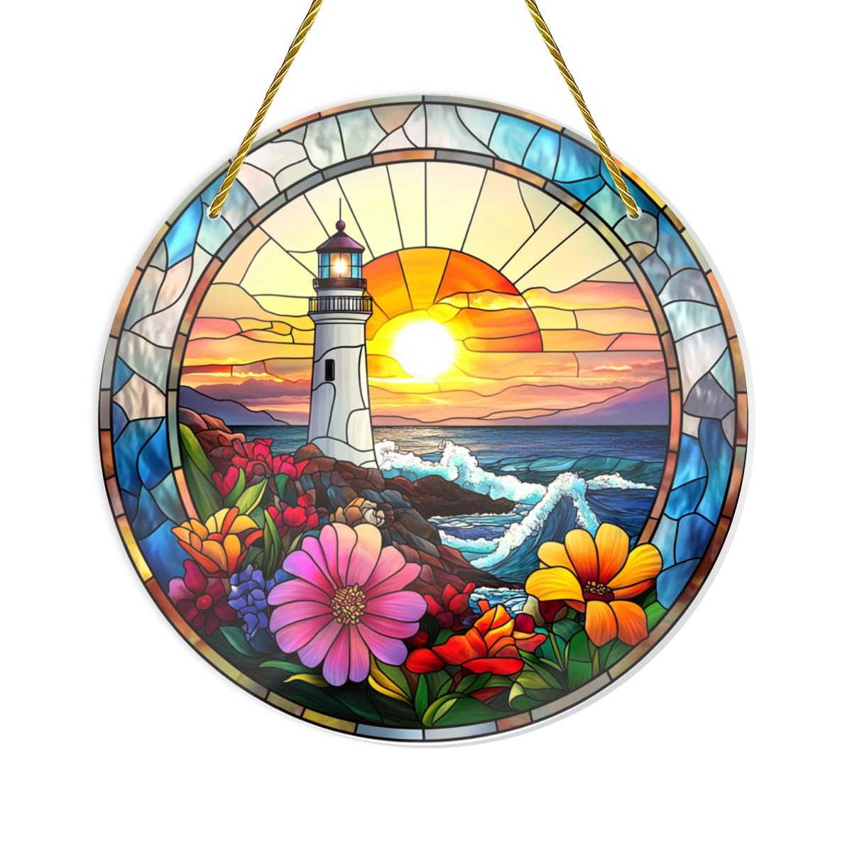 Vextrovia Gothic Lighthouse Wall Art, Stained Glass Sunrise and Floral Circular Hanging, Medieval Styles Motifs, Easy to Hang, Shatterproof Acrylic for Coastal Living Room Decor, 8x8 Inch