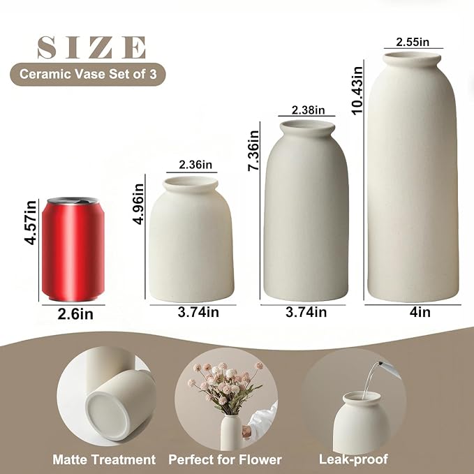 Ceramic Vase Set-3, Large Flower Vases for Decor, Modern Boho Farmhouse Style, 10.4 Inch Tall, 4 Inch Width, Beige Color, Decorative Vases for Pampas Grass, Dried Flowers and Fresh Flowers (XL Beige)