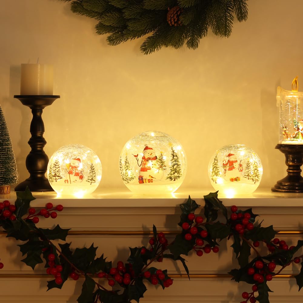 YEAHOME Christmas Decorations Indoor,Set of 3 Snowman Crackle Glass Ball with LED Lights Home Decor, Christmas Table Decorations Lighted Globes with Timer for Mantel Fireplace Tabletop
