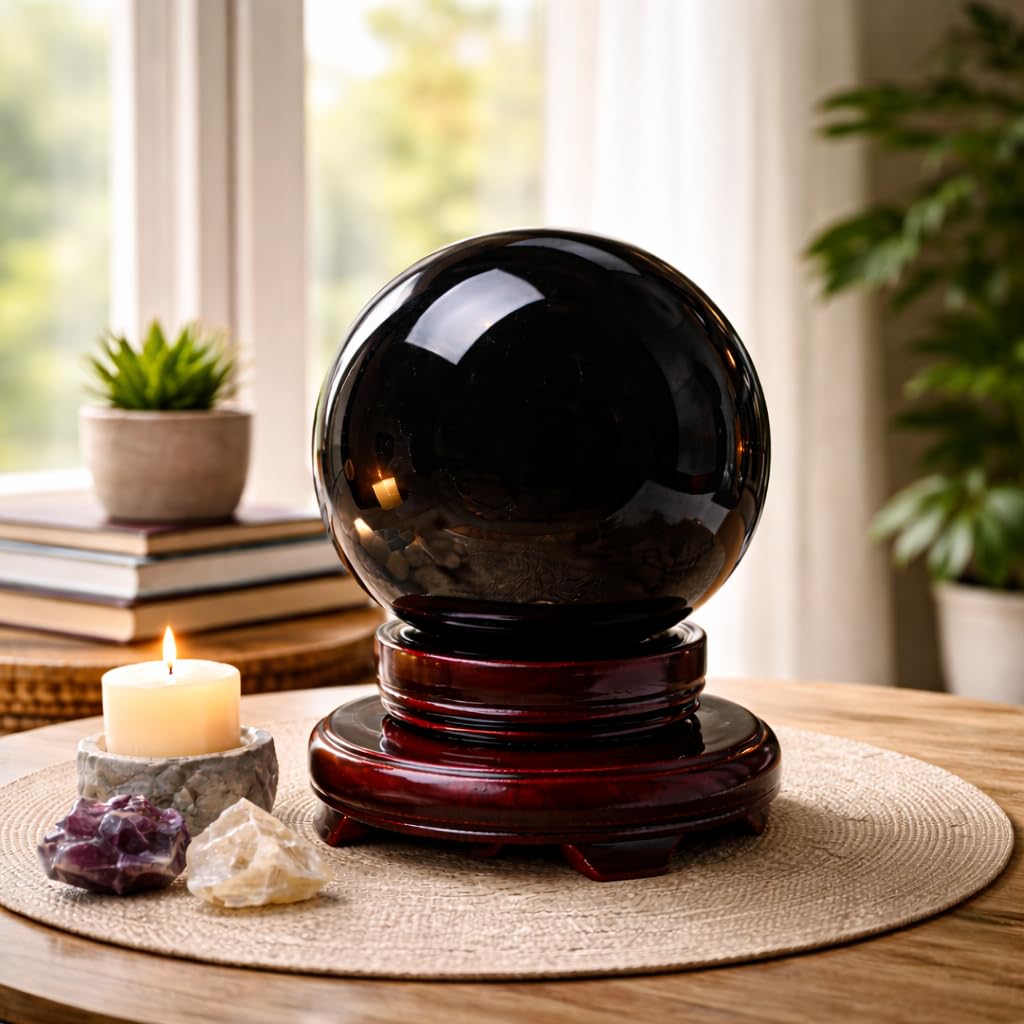 Mina Heal Rare Large Obsidian Crystal Sphere for Meditation, Healing, Feng Shui, and Protection – Handcrafted Black Obsidian Ball with Stand