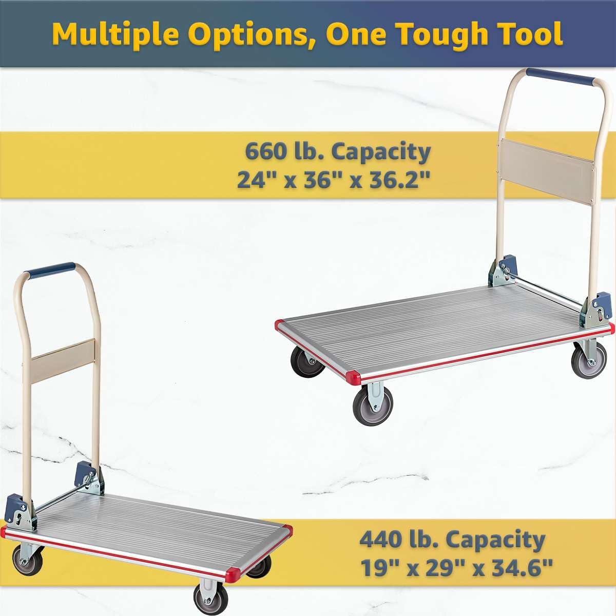 Aluminum Platform Truck 660 lb Capacity - Heavy-Duty Cart with Folding Handle, 5″ TPR Casters & Corner Protectors - 24″ x 36″ Utility Dolly for Warehouse, Shop, Office, Silver