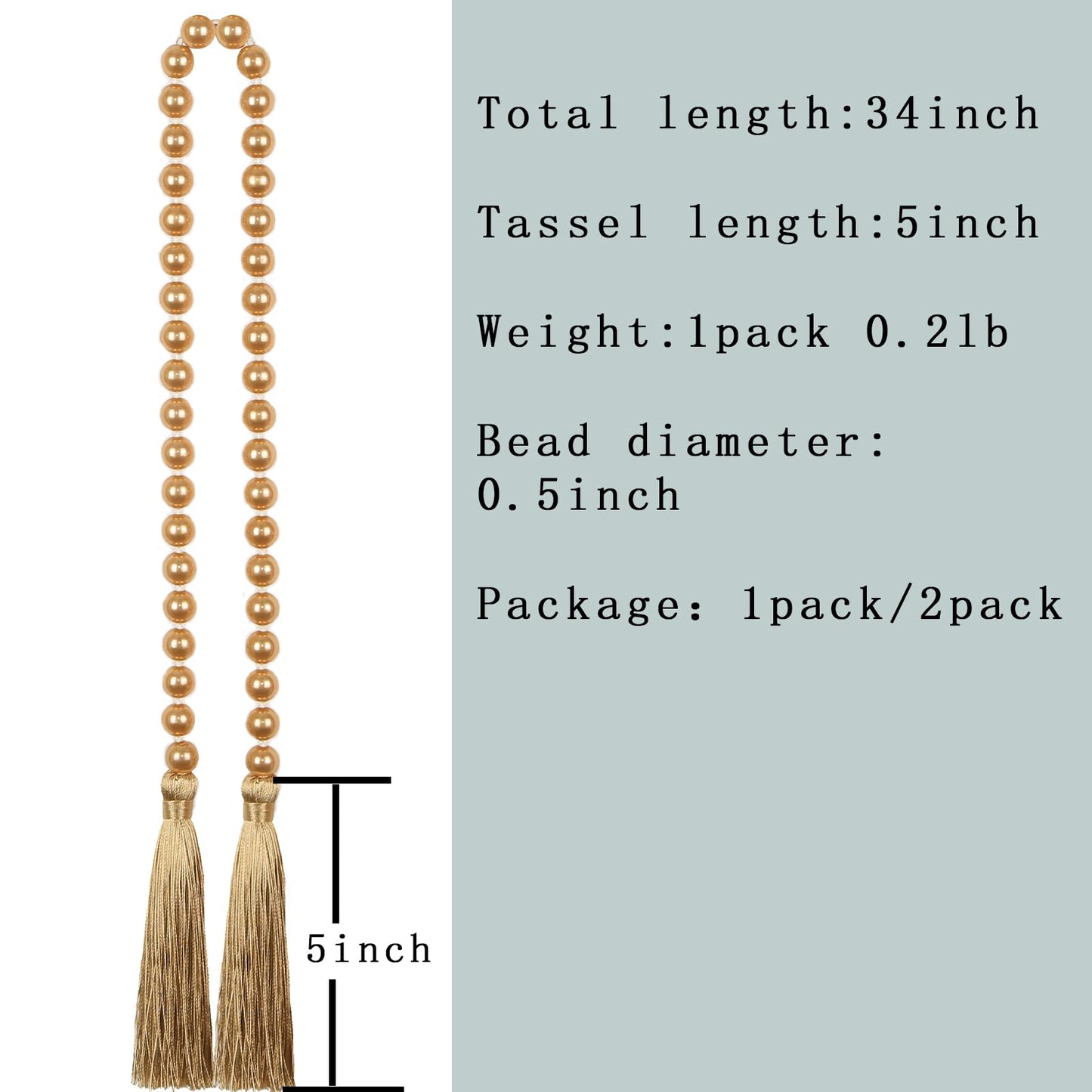 Fenghuangwu 34 Inch Pearl Glass Bead Garland with Tassels - Elegant Boho Table Decor, Fringe Wall Hanging for Wedding, Party, Farmhouse Rustic Prayer Bead Home Decoration(1 Pack,Gold)