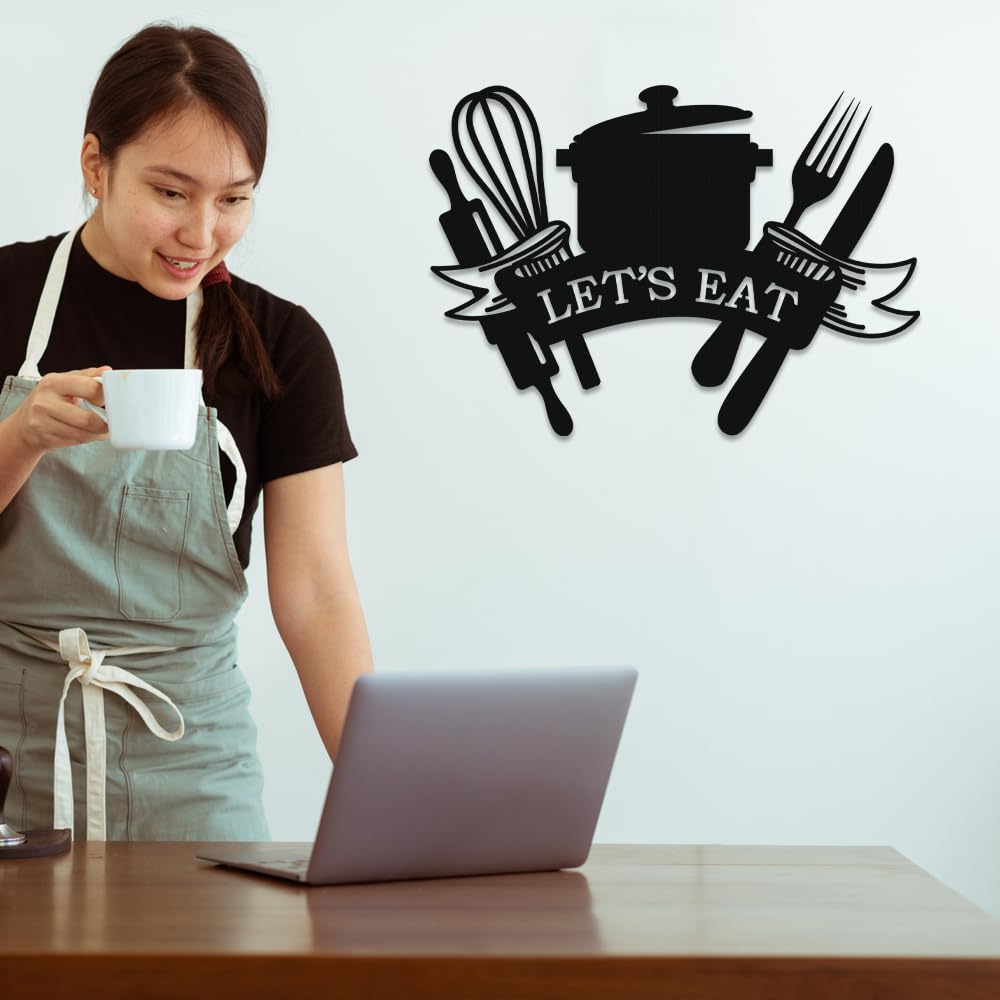 XORT Kitchen Metal Sign, Metal Kitchen Wall Art, Let's Eat Sign for Home Kitchen Dining Living Room Hanging Plaque Decoration. (Black - 14 x 10 inch)