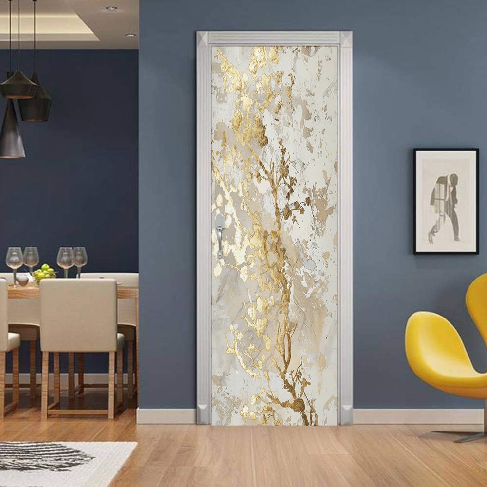 REDAMANCY White Beige Cream Yellow Abstract Marble Peel and Stick Door Stickers Vinyl Decals Decor Modern Self-Adhesive, Waterproof, Removable