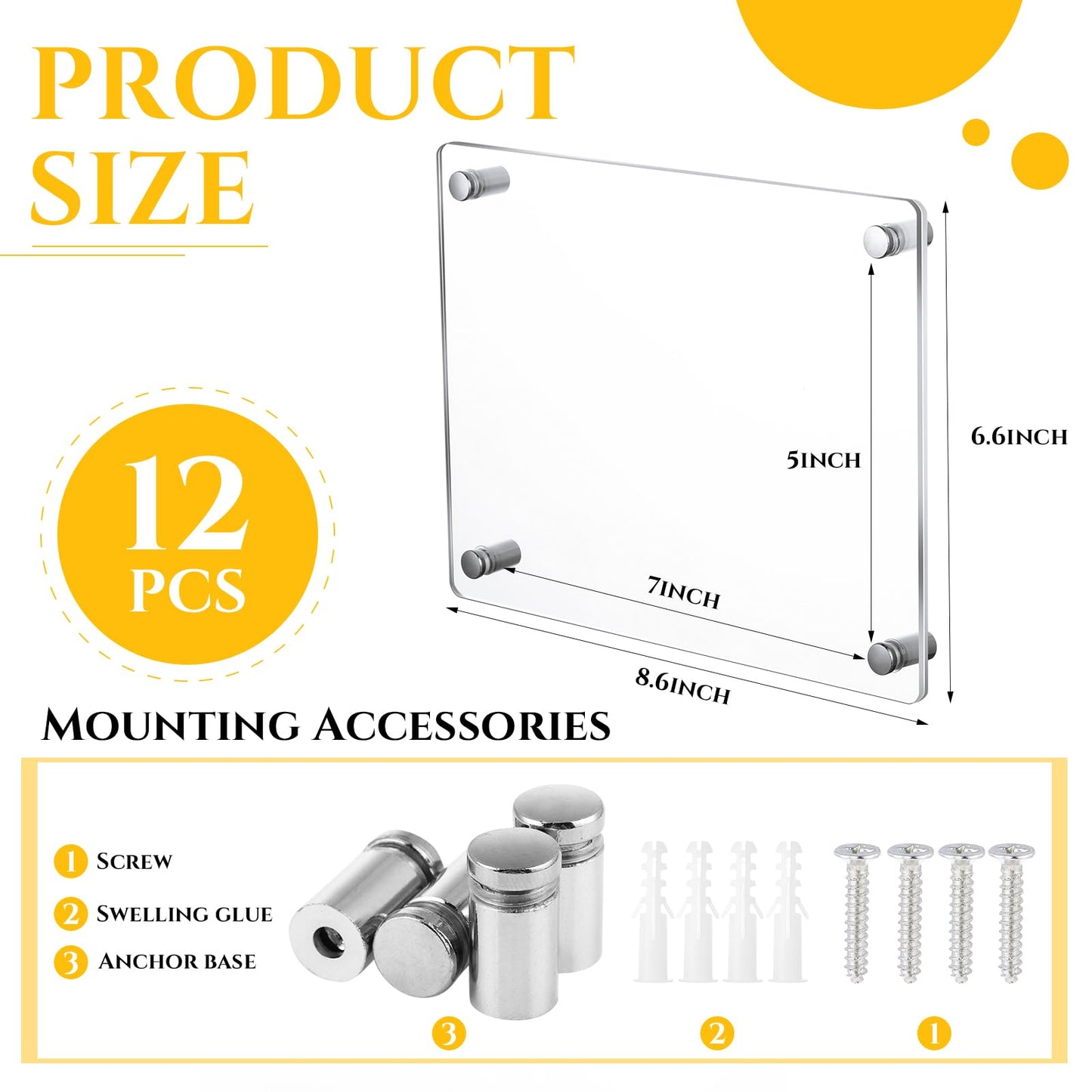 Wesiti 12 Pack Acrylic Picture Frames 5 x 7 Inches Floating Acrylic Photo Frame Clear Wall Mount Frameless with Metal Standoff for Christmas Home Artwork Display