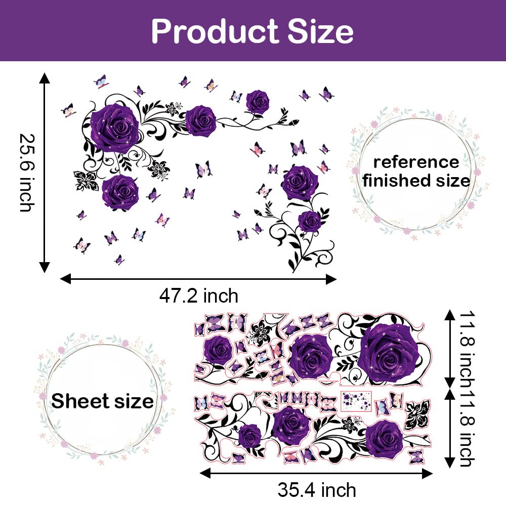 Supzone Purple Rose Wall Stickers Rose Flower Vine Wall Decal Purple Peony Floral Wall Decor DIY Vinyl Mural Art for Bedroom Living Room Sofa Backdrop