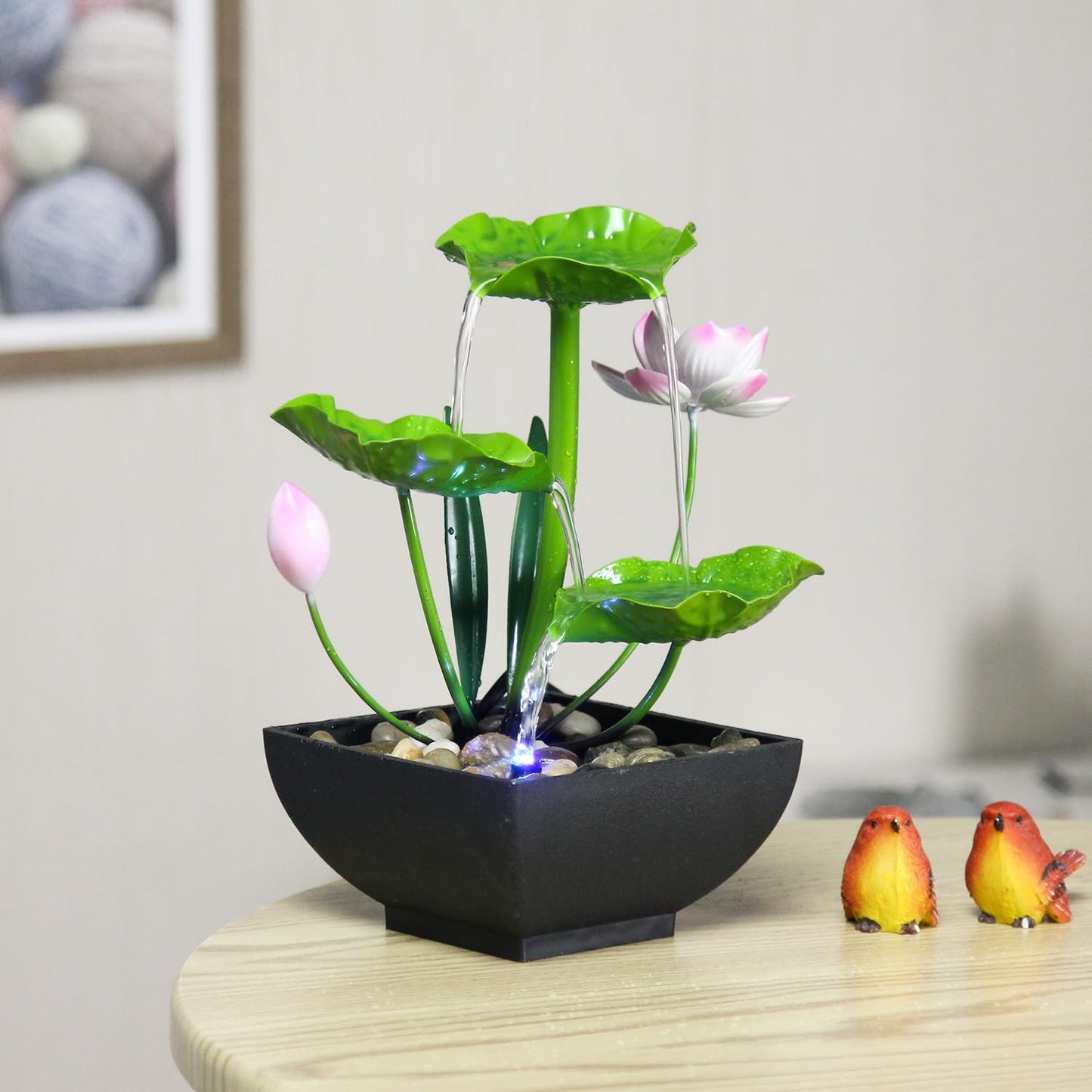 YOQUATE Water Fountain Indoor Waterfall Fountain 3-Tier Tabletop Fountain Lotus Desk Relaxation Home Decor Including Lots of Rocks and Soothing Sound Machine (Green 2)