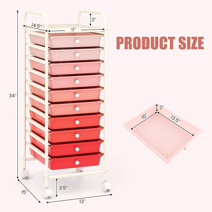 MEDIMALL 10 Drawers Rolling Storage Cart, Multipurpose Craft Storage Cart with Wheels, Mobile Tools Scrapbook Paper Organizer Cart for Office School Home Use