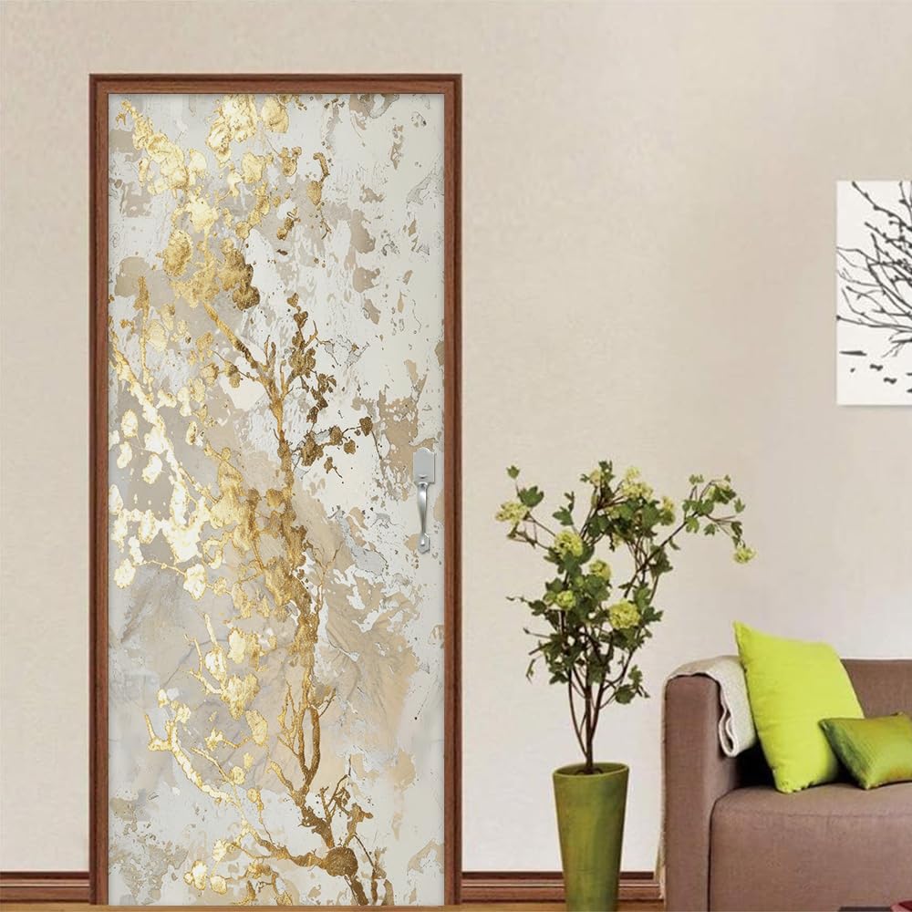REDAMANCY White Beige Cream Yellow Abstract Marble Peel and Stick Door Stickers Vinyl Decals Decor Modern Self-Adhesive, Waterproof, Removable