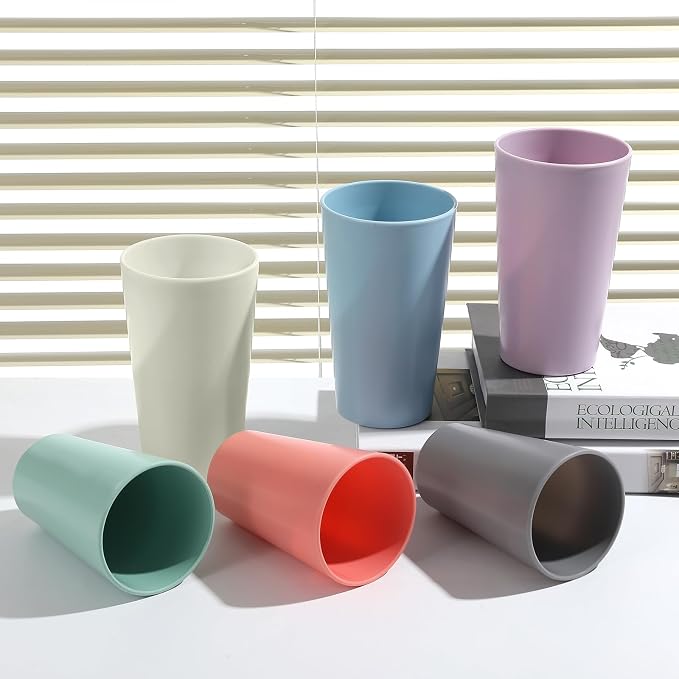 24 Pcs Unbreakable Plastic Cups Set, 20 oz Reusable Plastic Cups, Stackable Water Tumblers, Drinking Cup for Kitchen, Outdoor, BPA-free, Dishwasher Refrigerator and Microwave Safe (20 oz, 6 Colors)