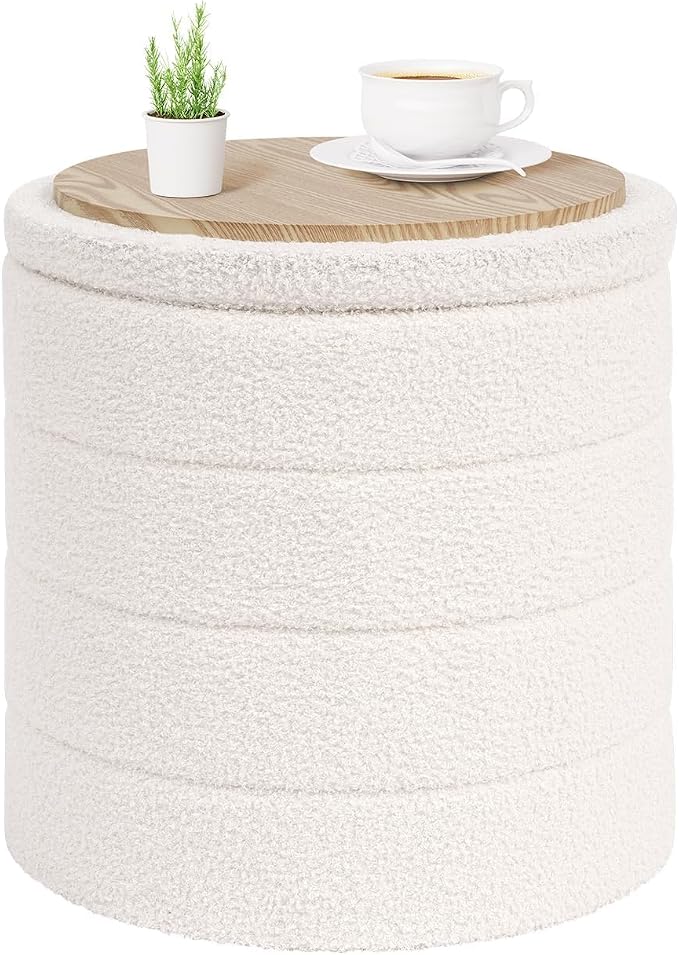 PINPLUS Round Storage Ottoman Foot Rest Stool with Tray Velvet Sherpa Folding Storage Ottoman,Boucle Foot Rest for Living Room, Bedroom, Dorm,White Color
