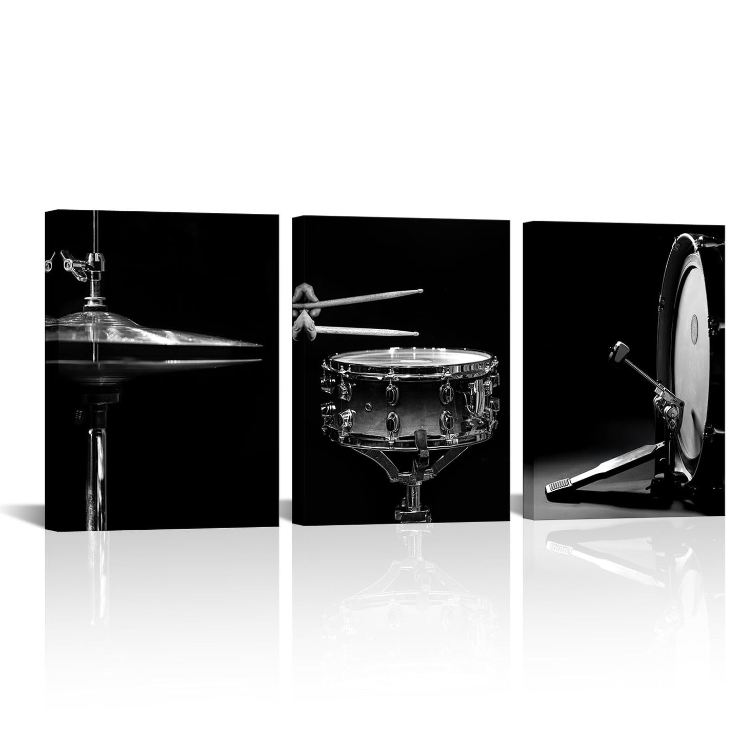 Canvbay Music Canvas Wall Art Black and White Jazz Drum Kit Print Poster Musical Instrument Pictures Modern Home Decor for Rock Studio Music Room 12x16inchx3Pcs
