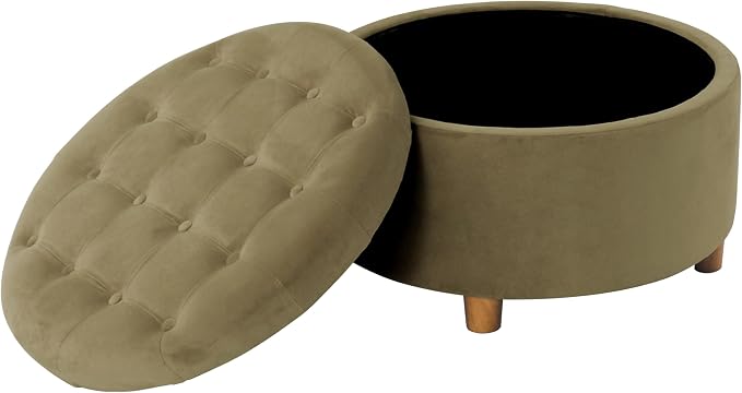 Homepop Home Decor | Button Tufted Velvet Round Storage Ottoman | Ottoman with Storage for Living Room & Bedroom, Light Sage Green Velvet