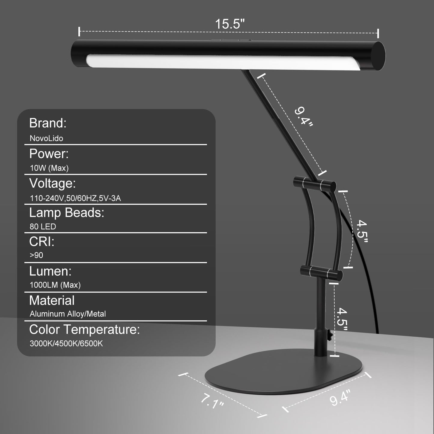 LED Desk Lamp, 10W Eye-Caring Task Light for Home Office, Metal Build with Frosted Texture & Stable Base, 3 Color Modes, 10 Brightness Levels, Flexible Adjustment & Memory, USB Adapter Included, Black