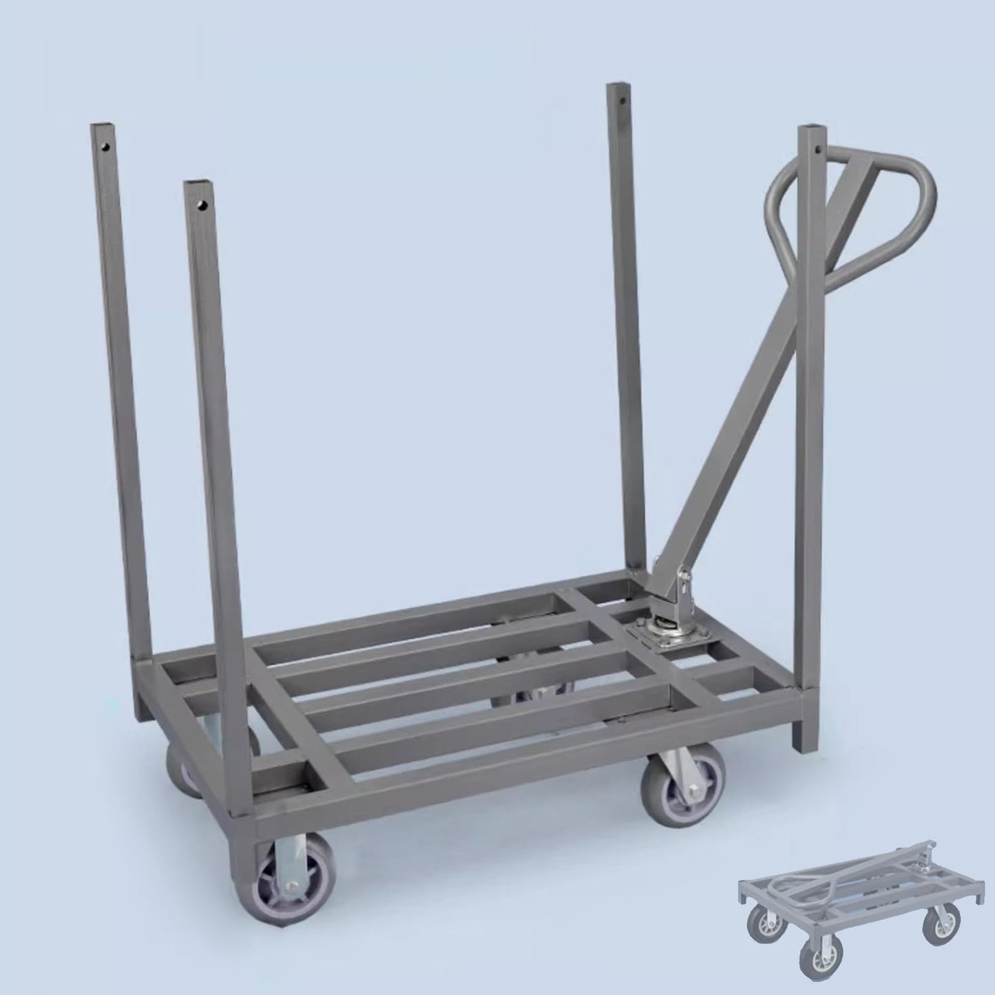 Heavy Duty Folding Platform Trolley with Removable Armrest and Fence Pole, Commercial Cloth Pulling Cart for Warehouse Factory Workshop, Easy Installation