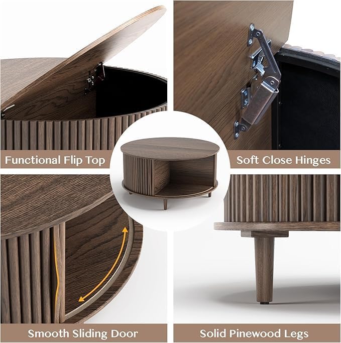 JOINICE Round Coffee Table and End Table Set,31.5" Mid Century Modern Living Room Furniture, Walnut Fluted Center Table with Storage & Matching Side Table for Small Space