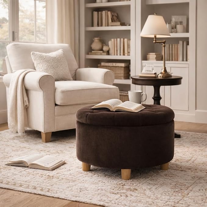 Homepop Home Decor | Button Tufted Velvet Round Storage Ottoman | Ottoman with Storage for Living Room & Bedroom, Chocolate Brown Velvet