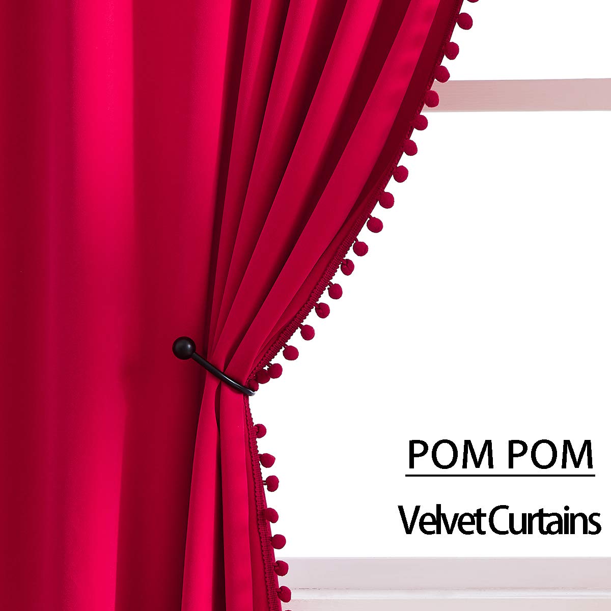 Treatmentex Red Pom Pom Velvet Curtains for Christmas Holiday Season 42"x 84" Length Soft Room Darkening Window Drapes for Living Room, 2Panels, Rod Pocket