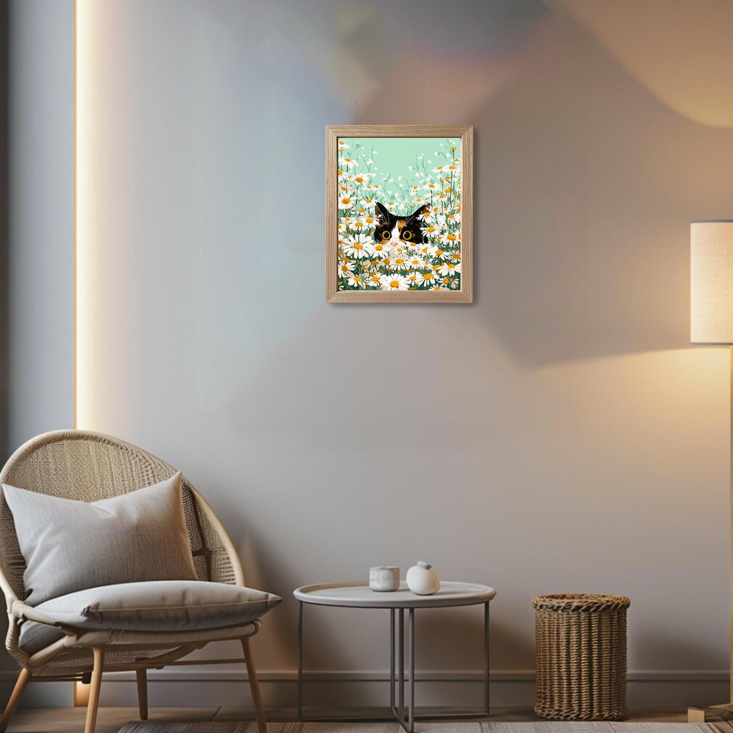 Cat Wall Decor Framed Cute Calico Cat Daisy Wall Art Flower Print Poster Whimsical Pet In White Floral Kitten Decor For Bedroom Nursery
