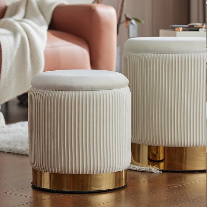 Velvet Round Ottoman Set of 2 with Storage 12 Gallon Capacity - Multi-Functional Stool for Living Room, Footrest, Vanity Seat, Coffee Table, Sturdy 300lb Capacity（Cream White）