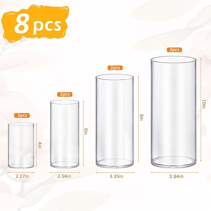 8 Pack Glass Cylinder Vases 4,6,8,10 Inch Tall Clear Flower Vase Hurricane Floating Candle Holder for Table Centerpiece Wedding Home Decor