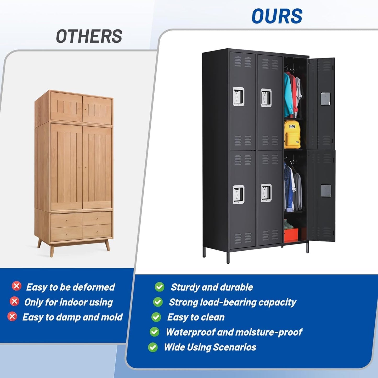 IDEALHOUSE Metal Lockers - 6 Doors Lockable Storage Locker, Sturdy Steel Cabinet with Shelves, Space-Saving Design for Home, Gym & Fire Department, Black