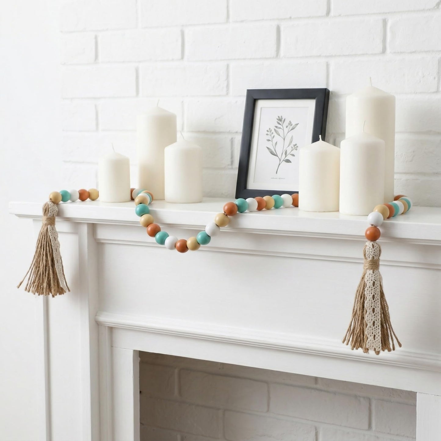 TOPPERFUN Wood Beads Garland with Tassels, 42.4in Farmhouse Rustic Style Colorful Wood Beads String, Large Antique Wooden Prayer, Boho Home Festival Decor Garland Rosary Rope