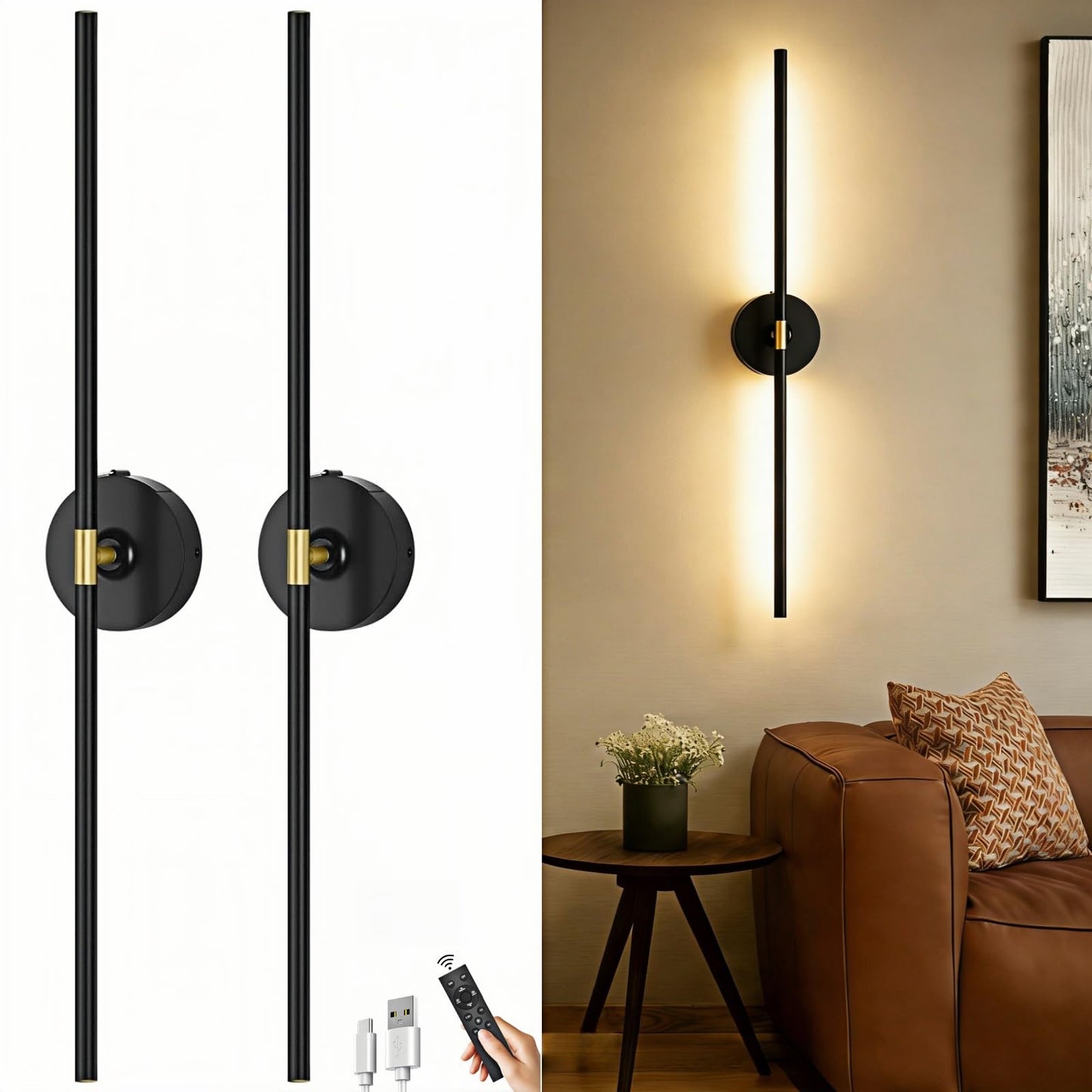 Battery Operated Wall Sconce Set of 2: 10000mAh Wireless Sconces Rechargeable Wall Lights with Touch and Remote, 360° Rotate Cordless Wall Lamp for Bedroom Living Room Hallway, 31.5 Inch, Black