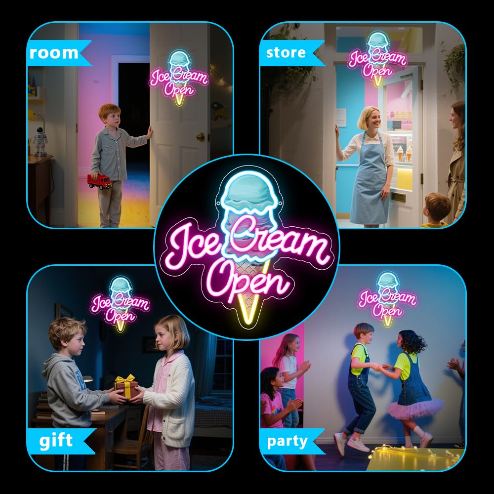Ice Cream Neon Open Signs,Ice Cream Neon Signs for Wall Decor,Adjustable Brightness Led Neon Open Signs for Business Store,Cafe,Bar,Party,Bedroom Decor,Birthday,Christmas
