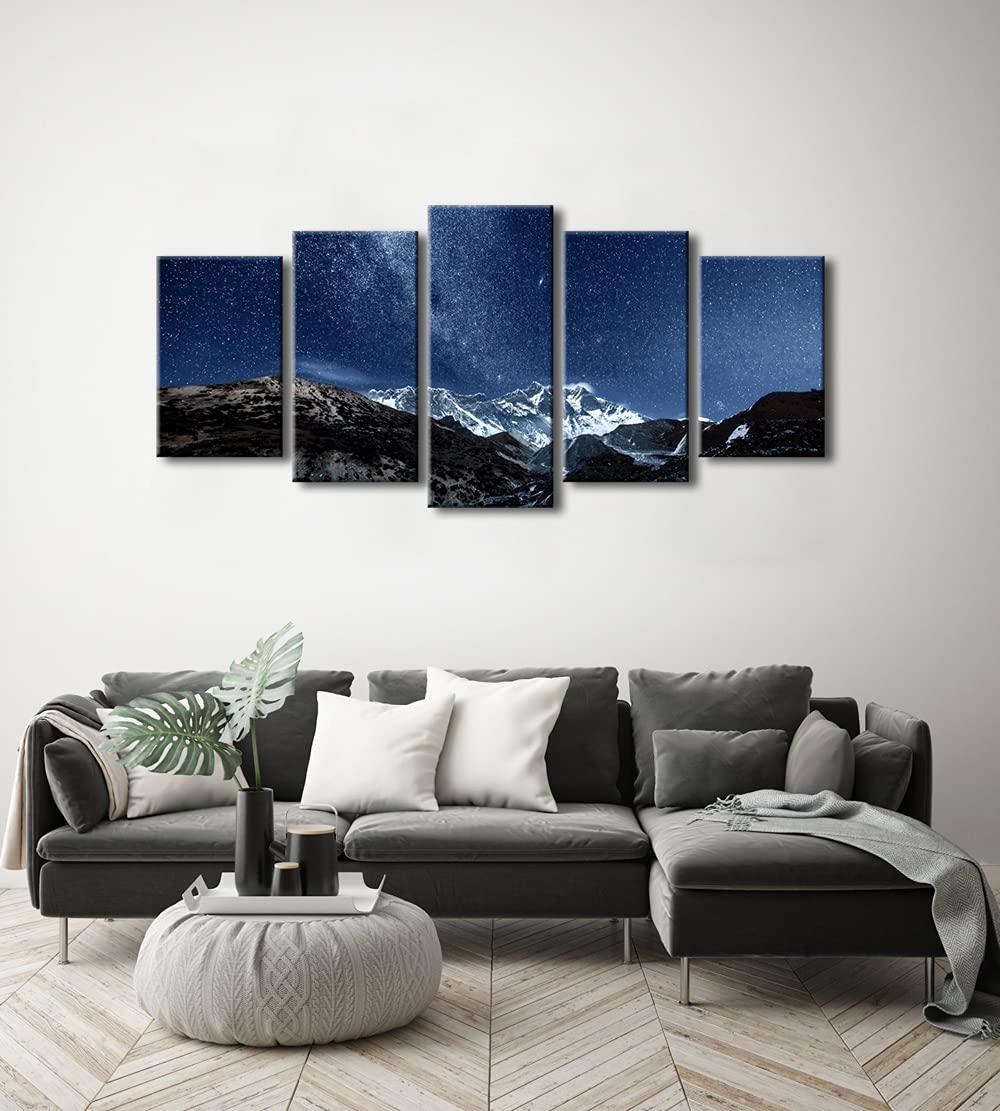Pyradecor Blue Giclee Canvas Prints Wall Art Starry Night Sky Over Snowy Mountain Pictures Paintings for Living Room Bedroom Home Office Decorations 5 Piece Modern Milky Way Landscape Romance Artwork
