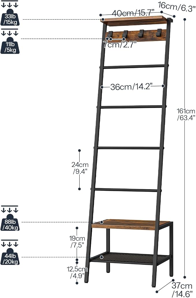 HOOBRO Blanket Ladder,Towel Rack with Hooks, Decorative Display Ladder Shelf, for Scarves, Industrial, Living Room, Bedroom, Rustic Brown and Black, BF52CJ01-BF13CJ01