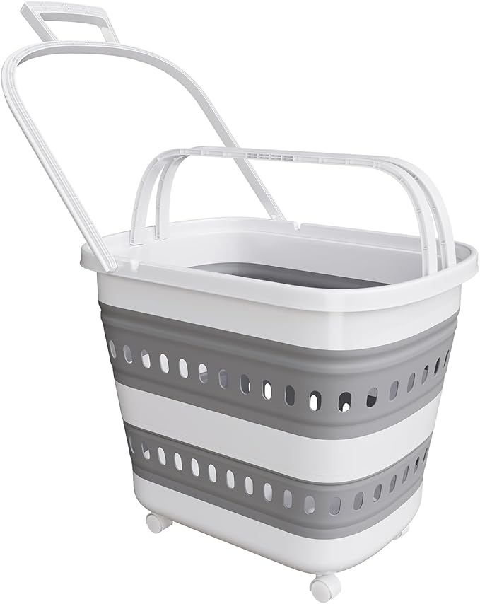 Collapsible Plastic Rolling Laundry Basket Hamper with Wheels, 45L Portable Rubber Clothes Basket, Pop Up Storage Container/Organizer for Washing & Storage, Grey