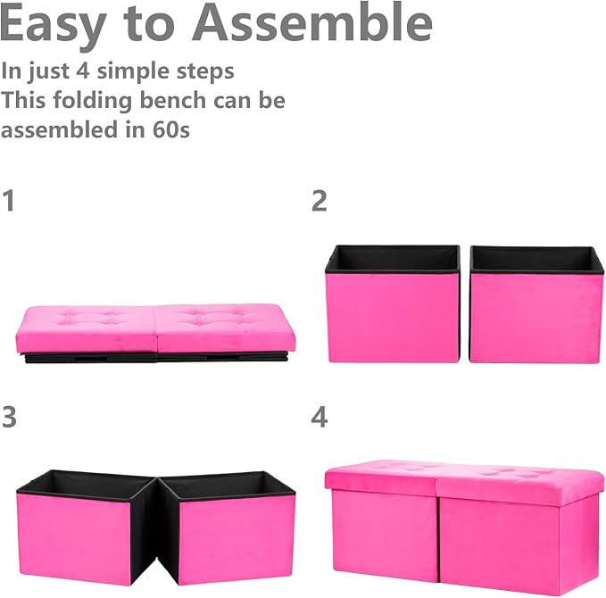 AmasSmile® Storage Ottoman Foot Rest Stool, 34 inch Velvet Footstool Bench, Short Ottoman Stool, Small Folding Storage Ottoman Store Books, Records, Rose