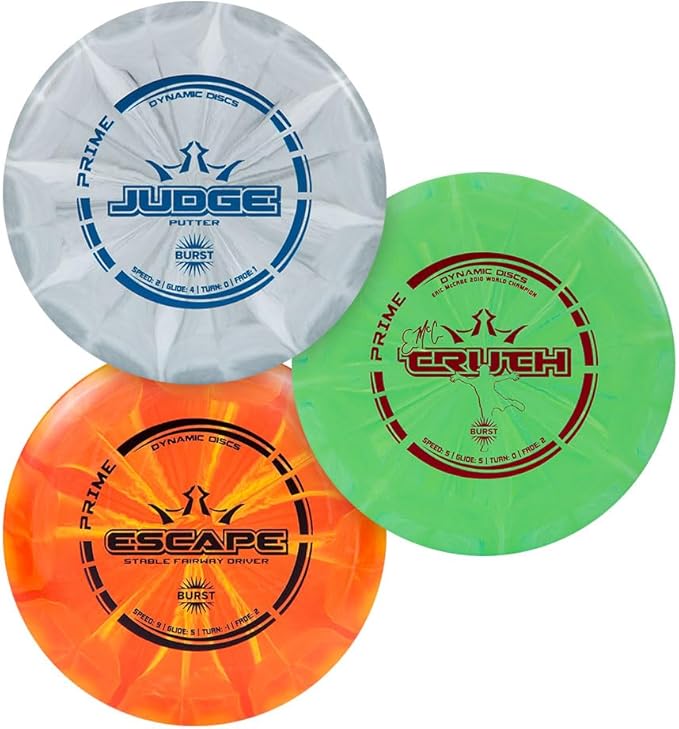 Dynamic Discs Prime Burst Disc Golf Starter Set (3 Pack) | Beginner Disc Golf Set for Men & Women of All Ages | Judge, Emac Truth, Escape | Grippy Base Plastic (Colors May Vary)