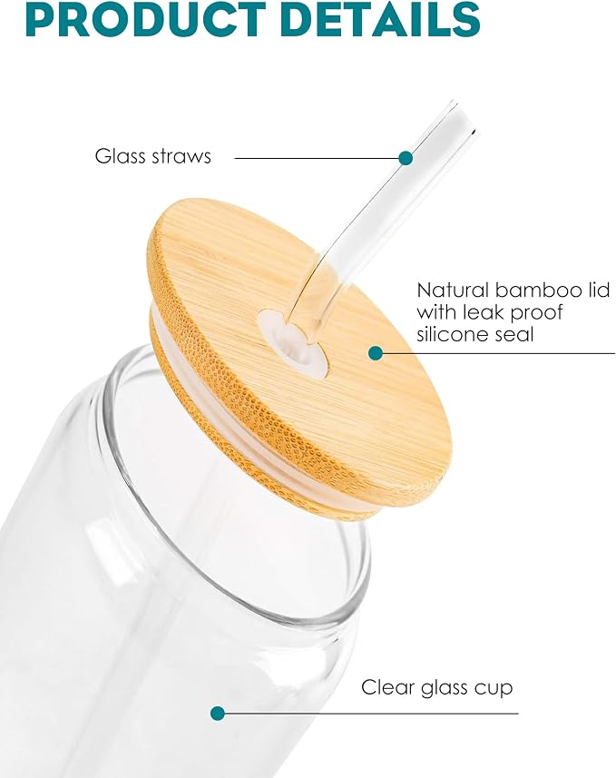 WISIMMALL Drinking Glasses with Bamboo Lids and Glass Straw 8PCS Set, 16oz Glass Cups with Lids and Straws, Beer, Iced Coffee Glasses, Soda, Gift 2 Cleaning Brushes