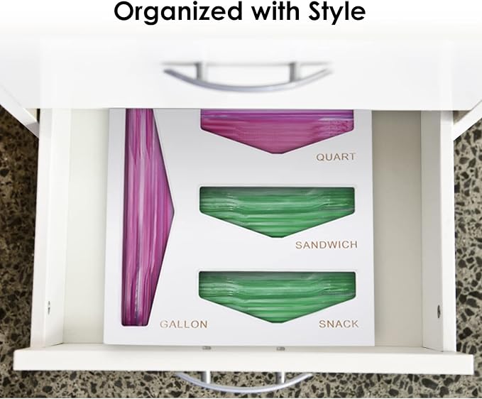 Bamboo Bag Storage Organizer for Kitchen Drawer, Baggie organizer, Compatible with Gallon, Quart, Sandwich and Snack Variety Size Bags (White)