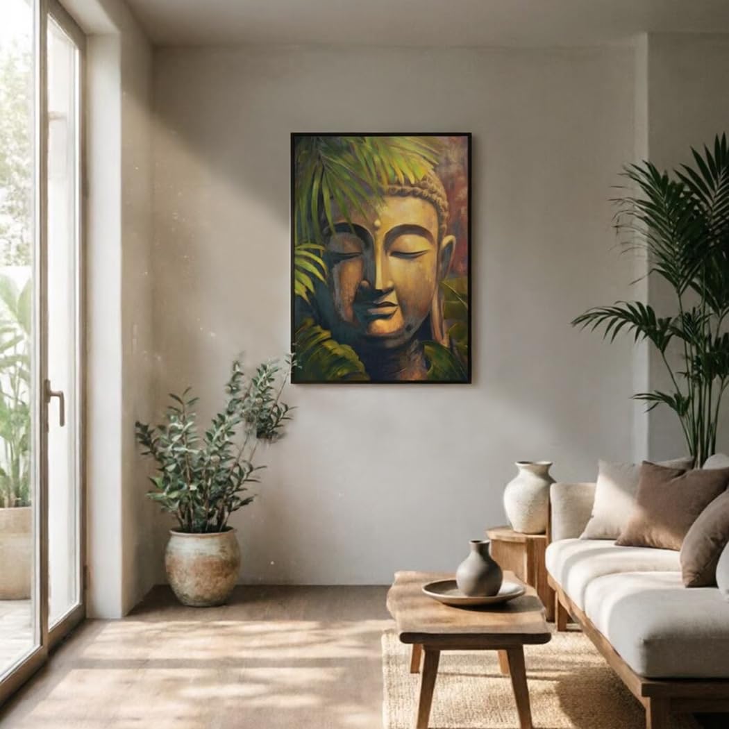 Buddha Head Canvas Wall Art, Framed 24x36 Inch Zen Buddhist Painting, Large Spiritual Meditation Room Decor, Buddha Print With Gold Decoration for Living Room Bedroom Yoga Studio, Ready to Hang