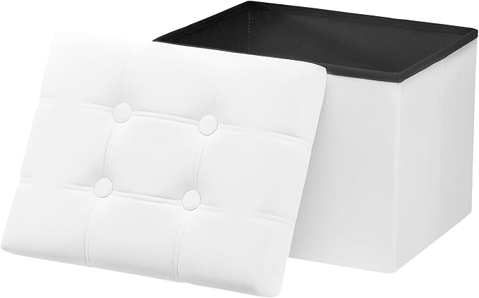 AmasSmile Storage Ottoman Foot Rest Stool, 17 inch Velvet Footstool Bench, Short Ottomans Stool, Small Folding Storage Ottoman Store Books, Records,White