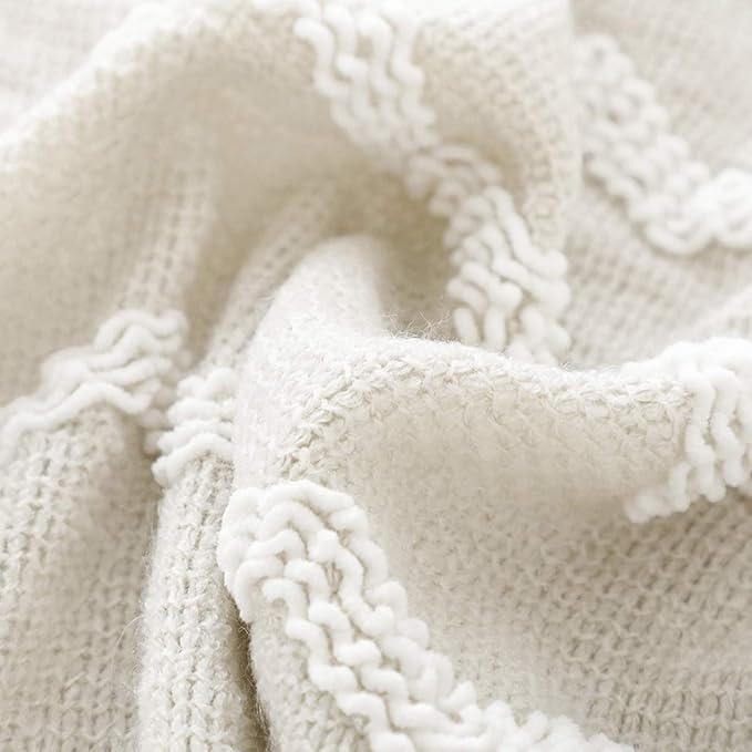 BOURINA Fluffy Chenille Knitted Fringe Throw Blanket Lightweight Soft Cozy for Bed Sofa Chair Throw Blankets Beige 60" x 80"