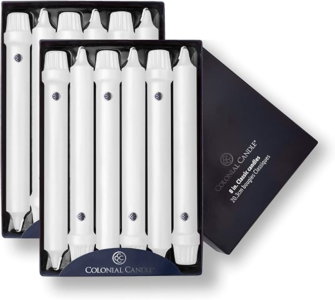 Colonial Candle Unscented Taper Candle, Classic Collection, White, 8 In, Pack of 12 - Up to 6 Hours Burn