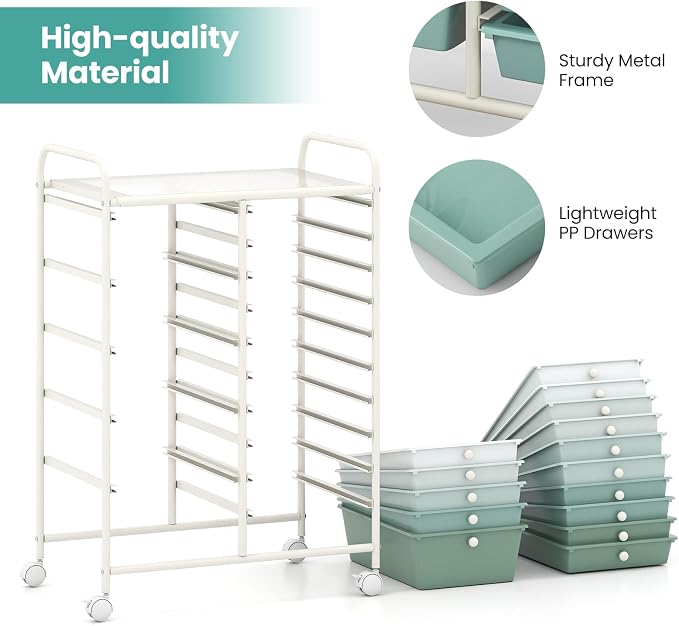 Giantex 15 Drawers Rolling Cart, Classroom Organizers, Storage Cart with Wheels, for Teacher Office Home School Supplies Tool Craft Art Paper, Green Gradient
