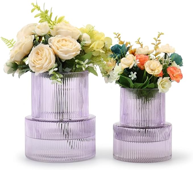 Ribbed Glass Vases for Bouquet, Set of 2 Purple Vases for Flowers, Purple Glass Vase for Tulips, Modern Vase for Living Room, Office, Coffe Table, Dining Table, Shelf, Wedding