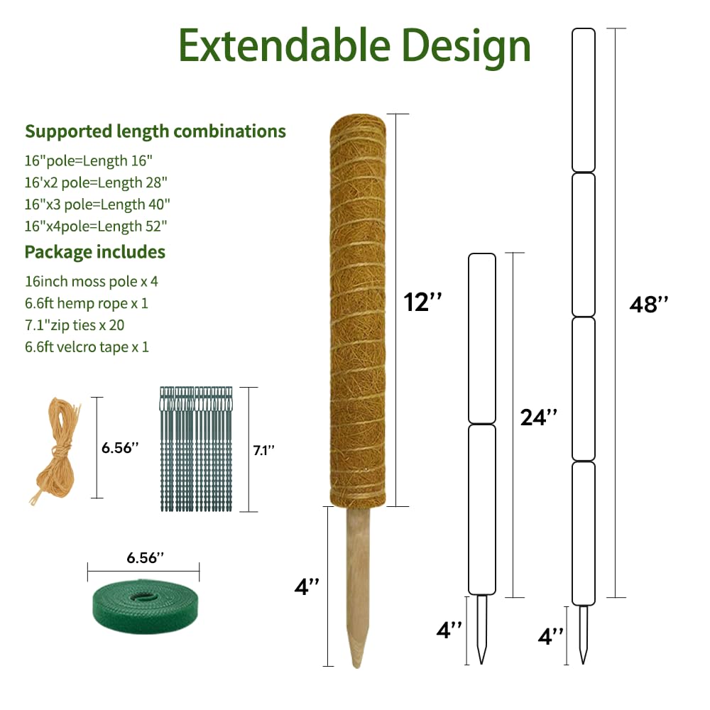 Monstera Plant Support Moss Pole: 2 Pack 16 Inch Stackable Coco Coir Moss Totem Stake Tall Stand Grow Stick Plants Rod Moss Holder for House Live Plant,Indoor Climbing Potted,Vine,Pothos,Philodendron