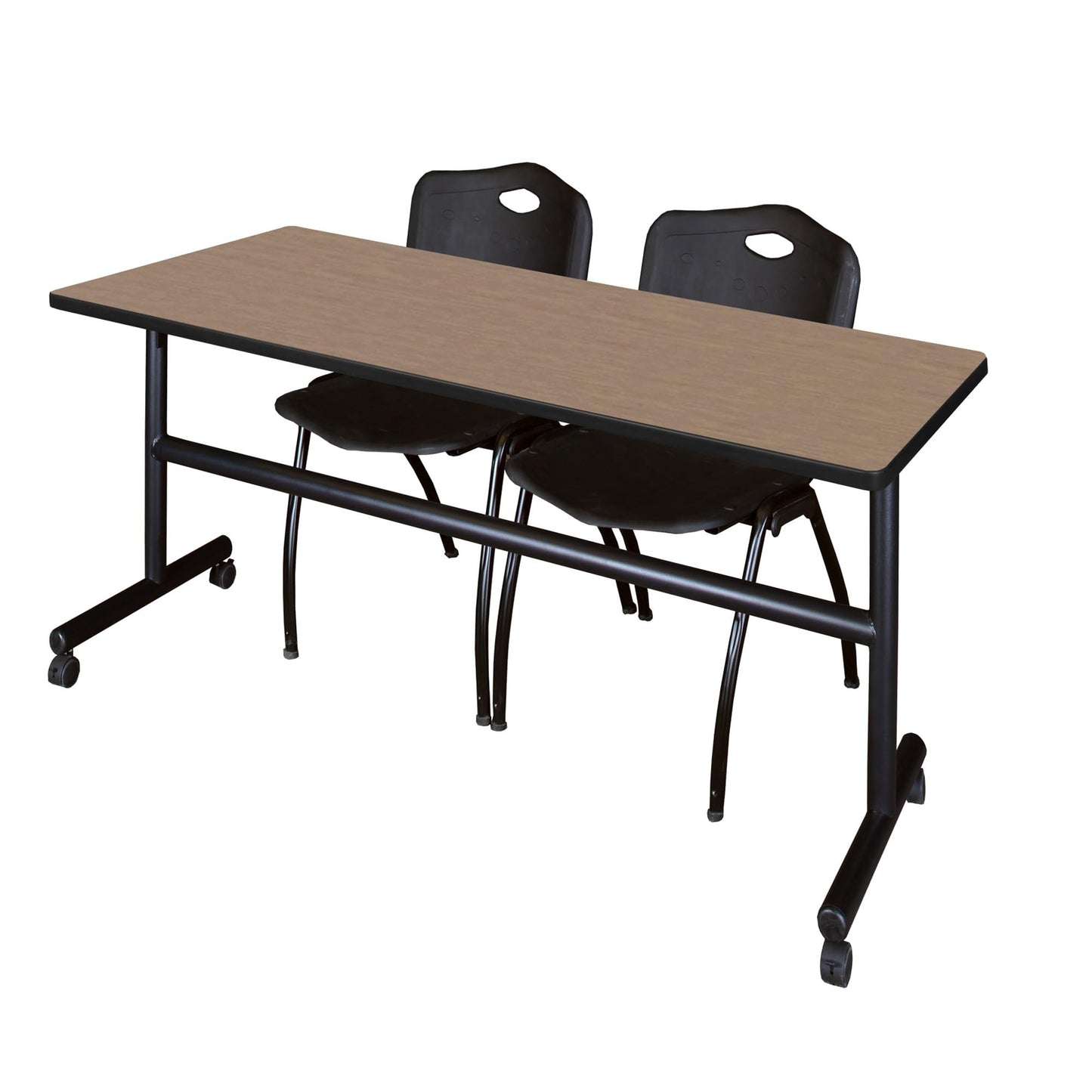 Regency Kobe 72 x 30 in. Flip-Top Training Nesting Table- Noble Oak, 2 M Stack Chairs- Black