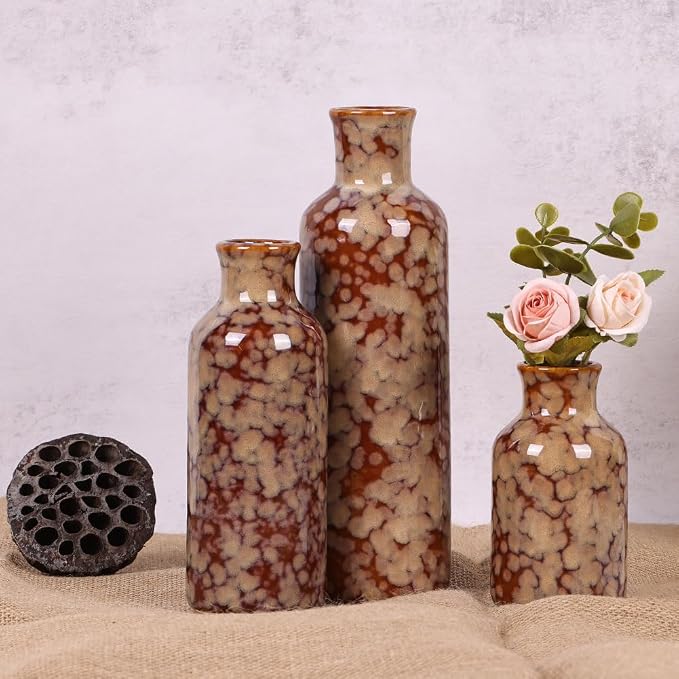Ceramic Vase Set - 3 Crack Brown Small Vases, Farmhouse Country Flower Vase Home Decor, Living Room Decoration, Table Decoration, Fireplace Decor, and Entrance Decorations Centerpieces